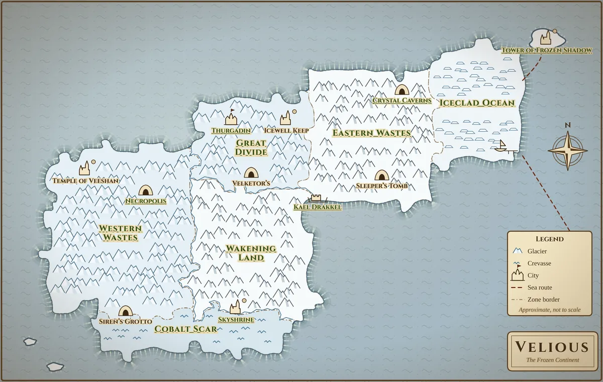 Original illustrated map of Velious, north up, showing its zones and how they connect; the full list of connections follows the map.