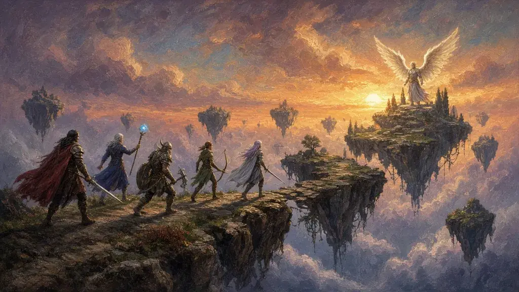 Painting of a raid force crossing floating sky islands toward a winged guardian at sunset