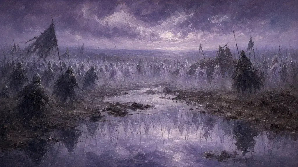 Painting of a ghostly mirrored battlefield of a war-torn plain under a violet sky