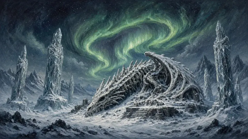 Painting of a dragon tomb guarded by crystal sentinels under swirling northern lights
