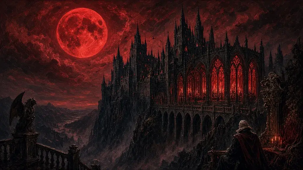 Painting of a gothic vampire keep with a crimson moon and a blood-lit theater hall