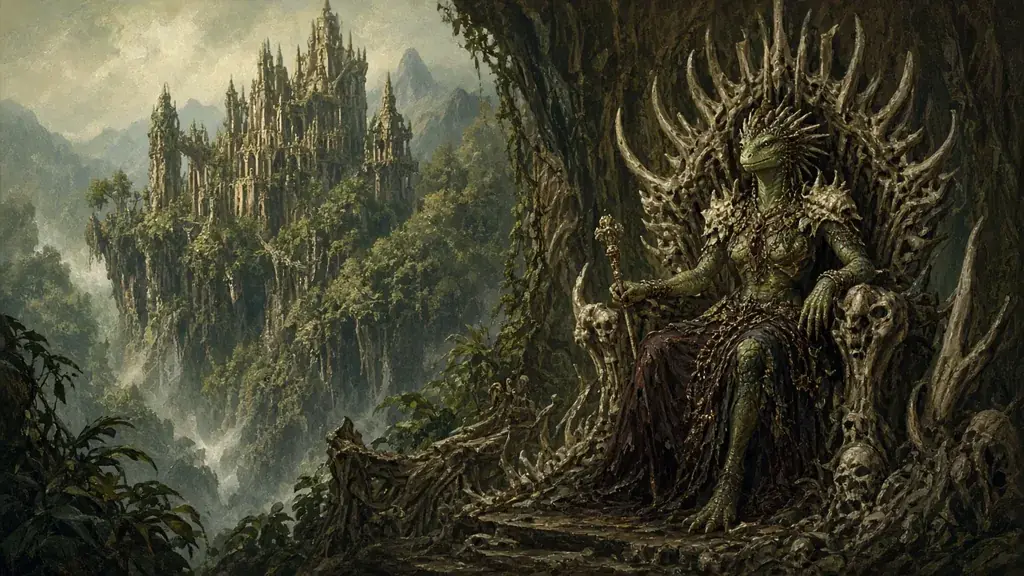 Painting of a lizardfolk citadel on a jungle cliff with a sarnak queen on a bone throne