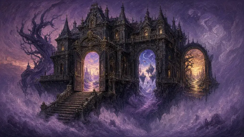 Painting of a nightmare mansion floating in mist with doors leading into dreamscapes