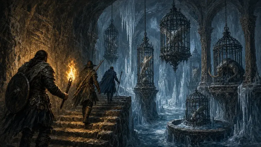 Painting of adventurers descending torch-lit stairs into a frozen arcane menagerie