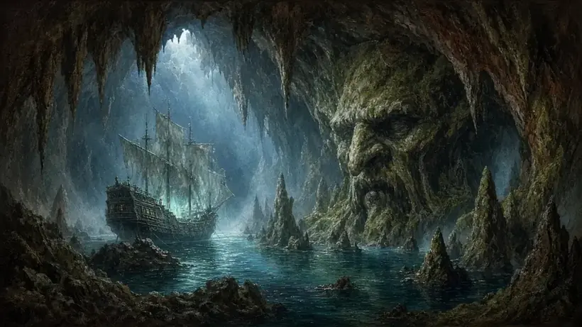 Painting of a ghostly pirate ship moored in a hidden lagoon under a troll island cavern