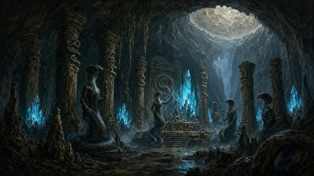 Painting of a shadowed serpent temple deep beneath a cratered moon surface lit by blue crystals
