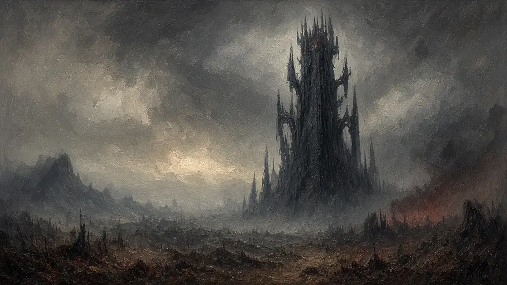 Painting of a dark spiked tower of dissonance rising out of an ash-grey storm
