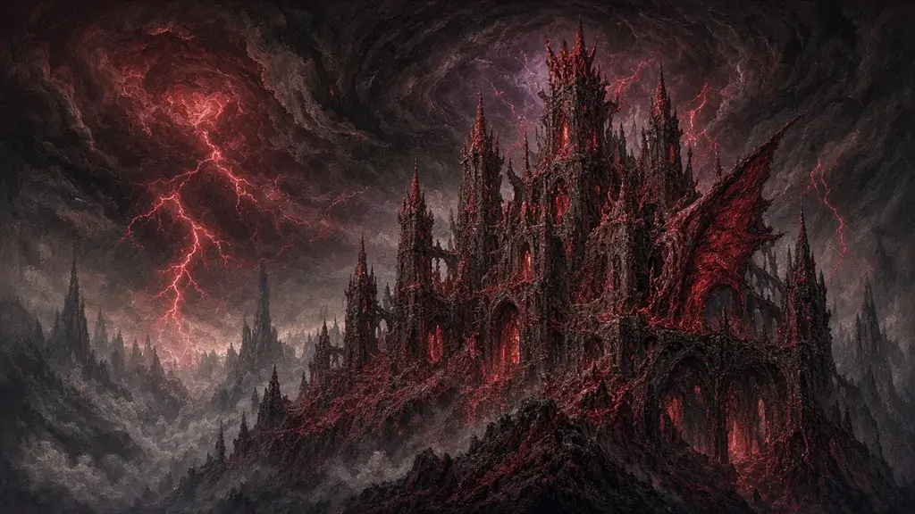 Painting of a corrupted crimson dragon temple shrouded in black storm clouds