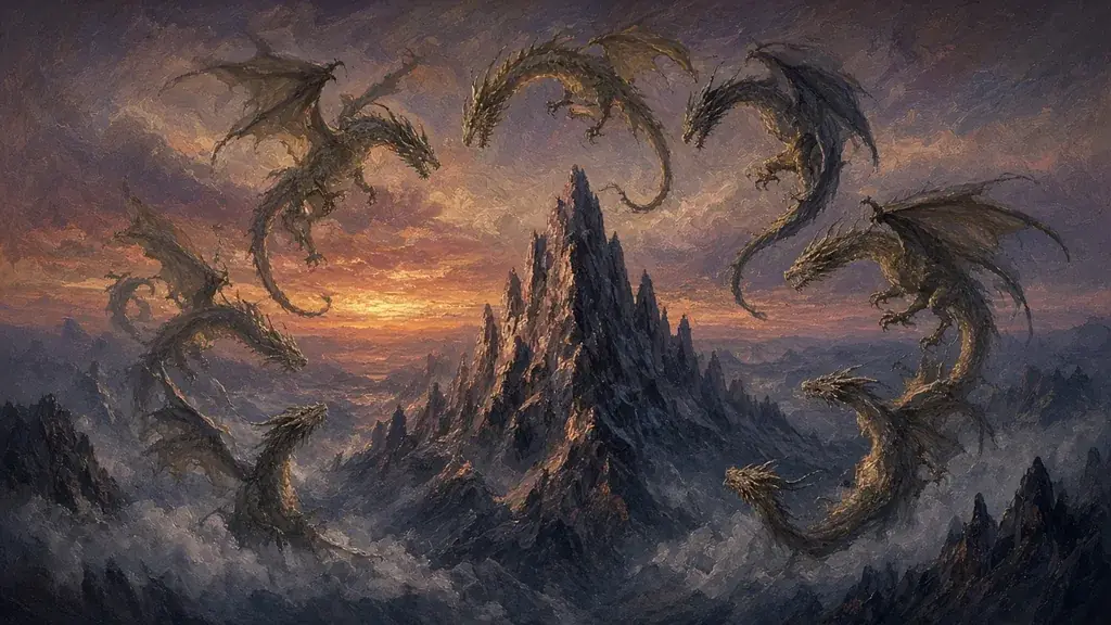 Painting of a ring of ancient dragons circling a mountain peak at dusk