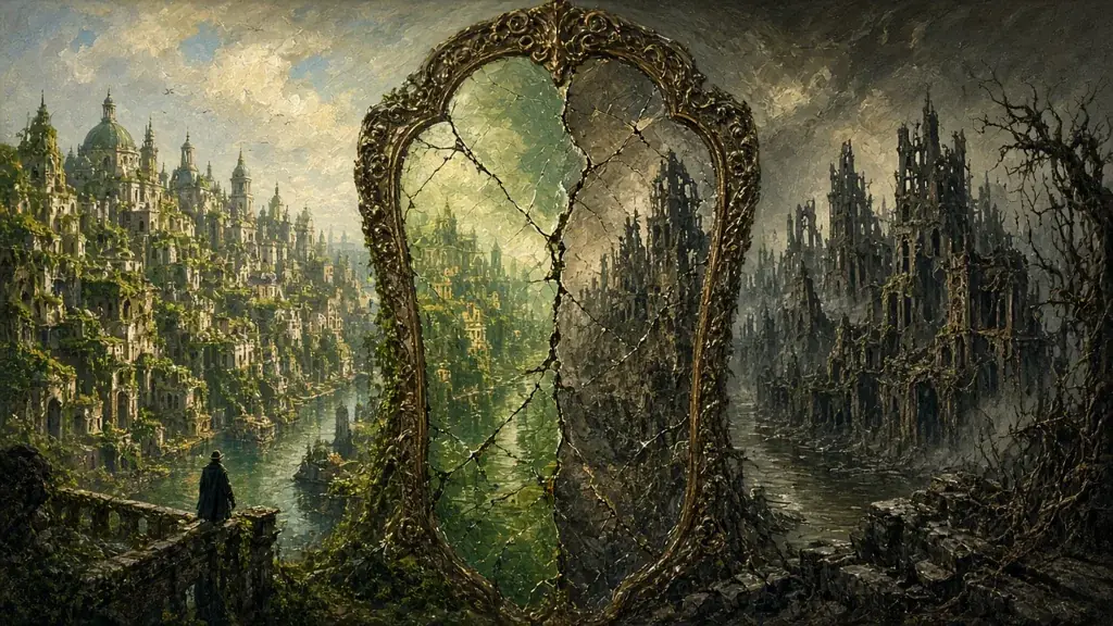 Painting of a cracked mirror splitting a city into living green and rotting halves