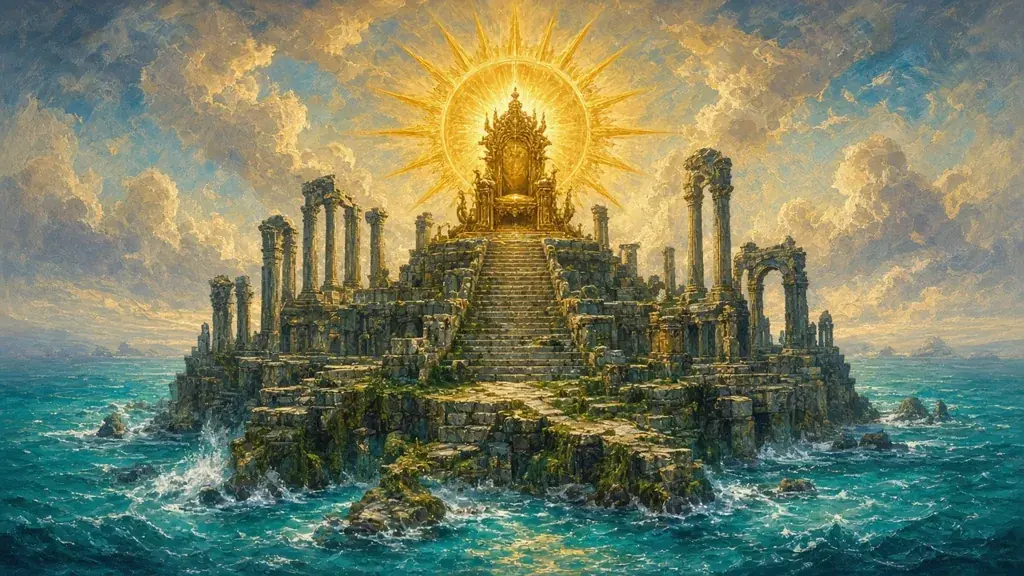 Painting of a radiant sun throne atop a sunken temple rising from a turquoise sea