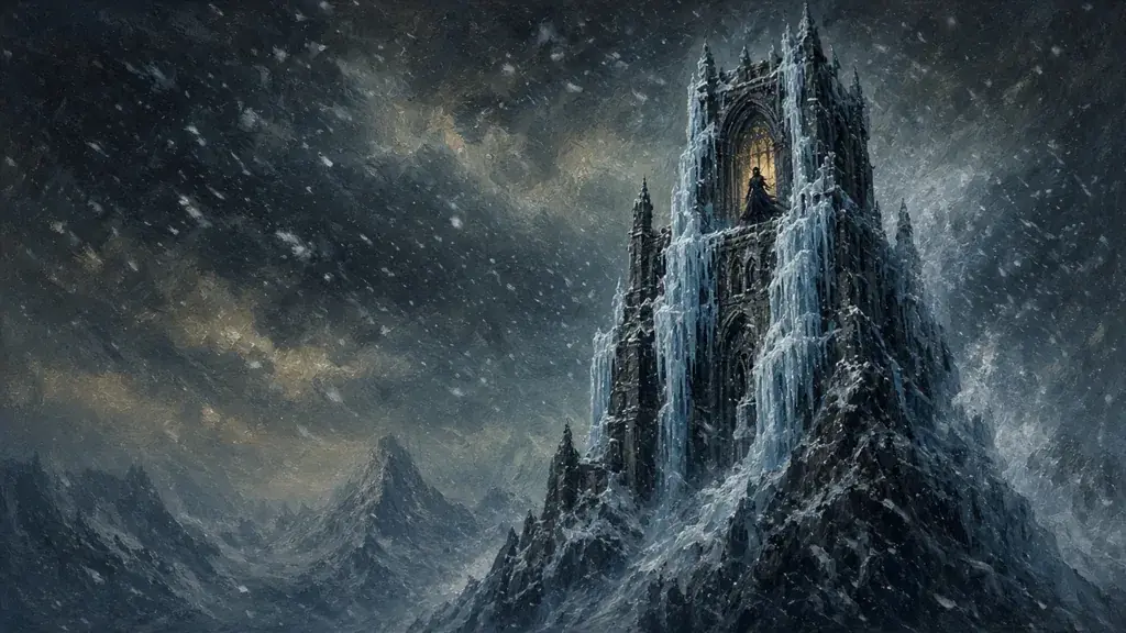 Painting of a frozen tower of shadow in a blizzard with a sorceress silhouetted at the top